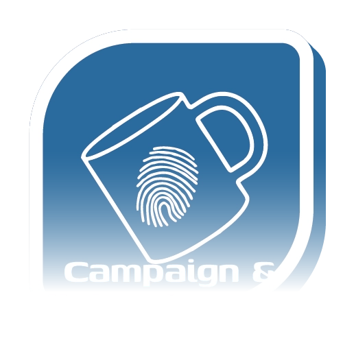 A mug with a fingerprint icon symbolizing merch products with the brand label.